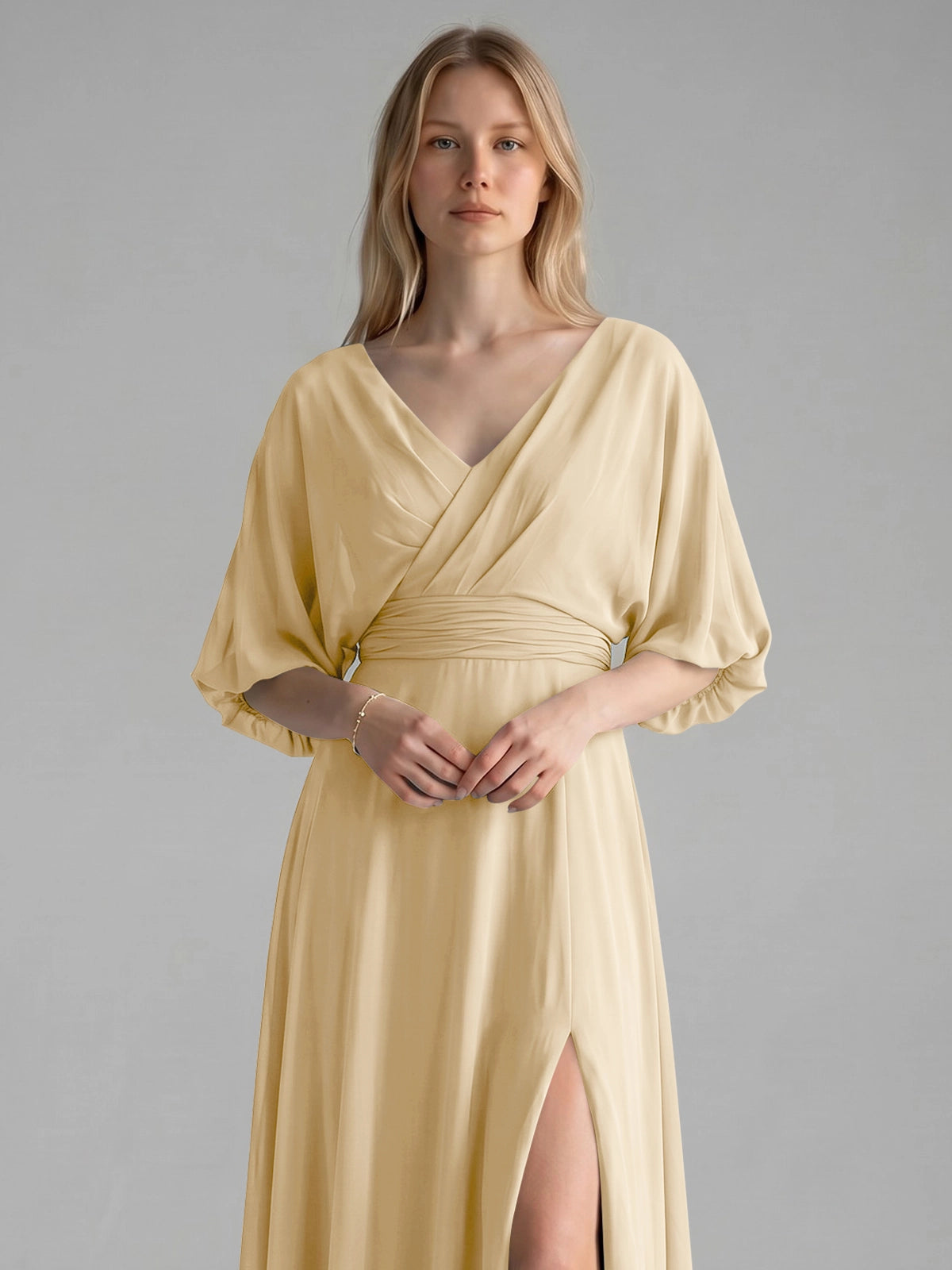 V-neck Slit Ruched Mother Dress 