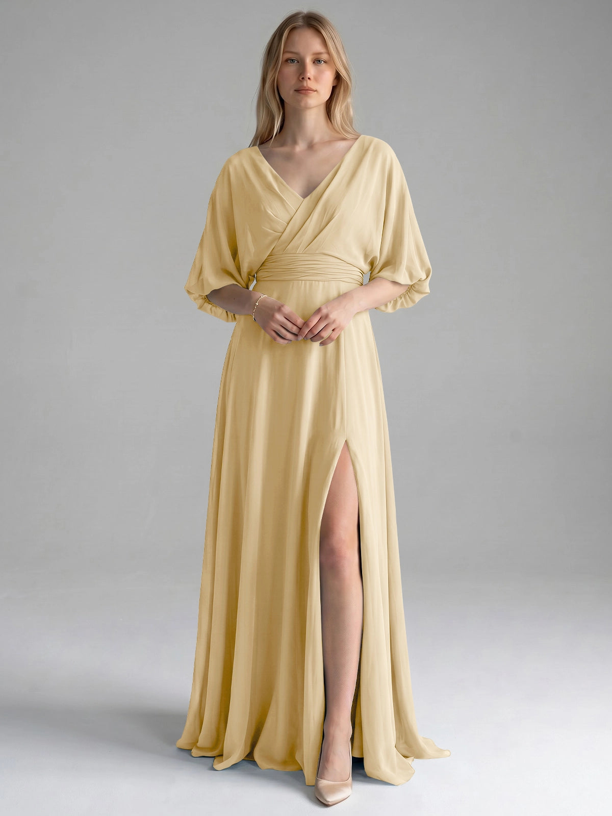 V-neck Slit Ruched Mother Dress 