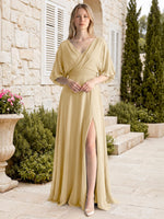 V-neck Slit Ruched Mother Dress 