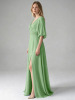 V-neck Slit Ruched Mother Dress 
