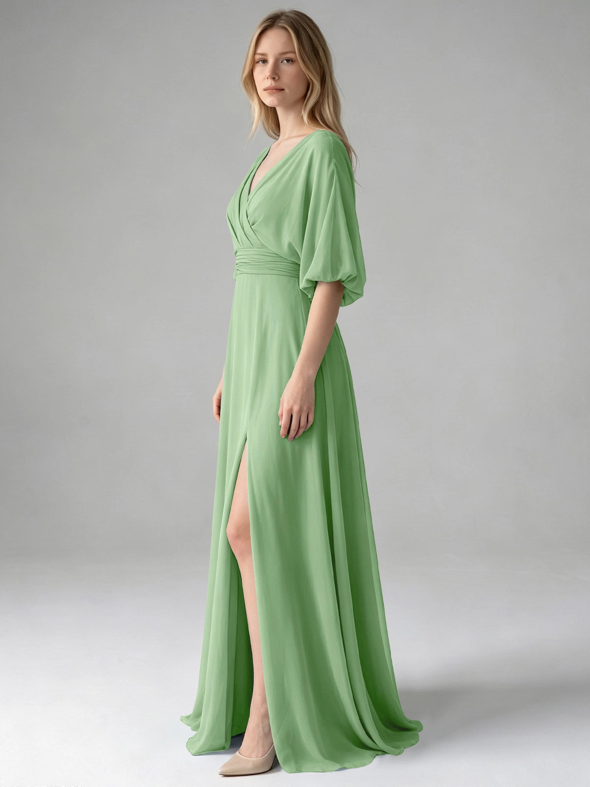 V-neck Slit Ruched Mother Dress 