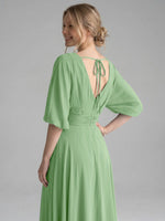 V-neck Slit Ruched Mother Dress 