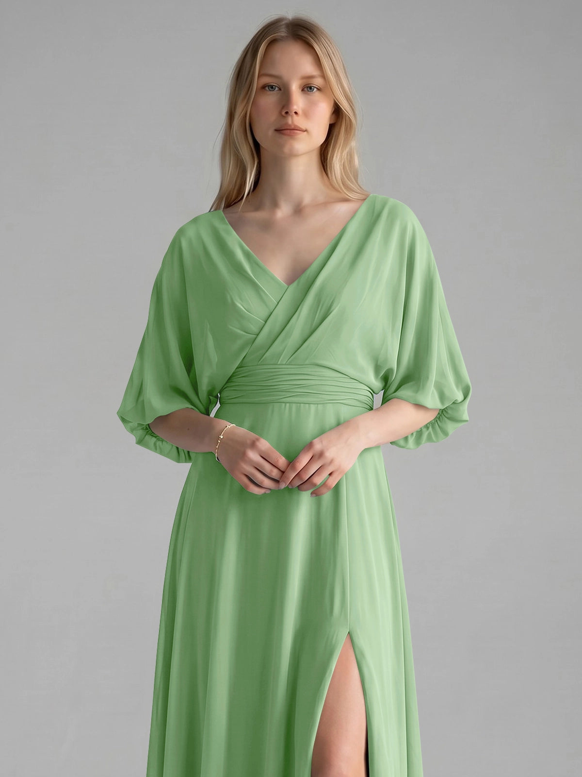 V-neck Slit Ruched Mother Dress 