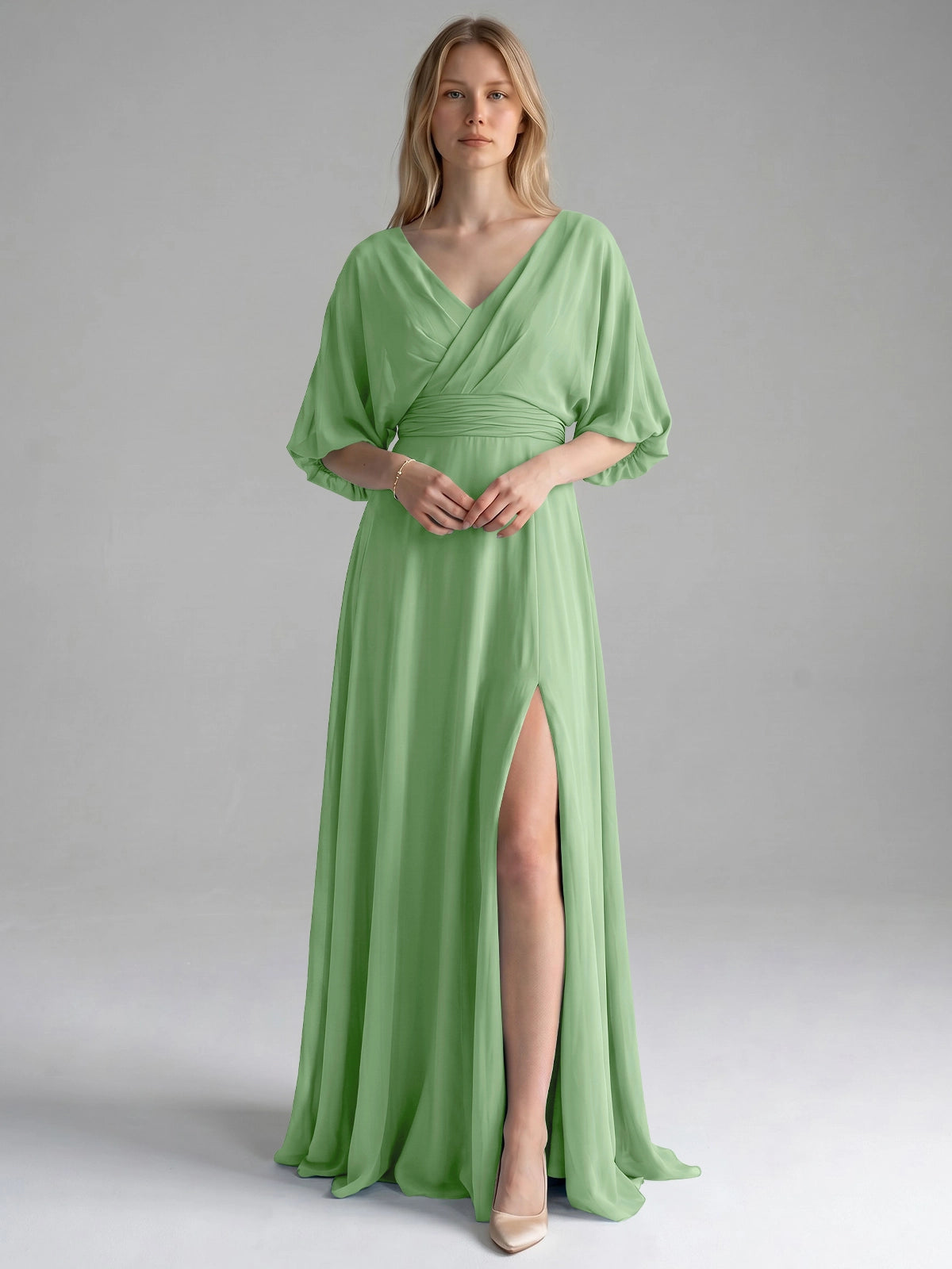 V-neck Slit Ruched Mother Dress 