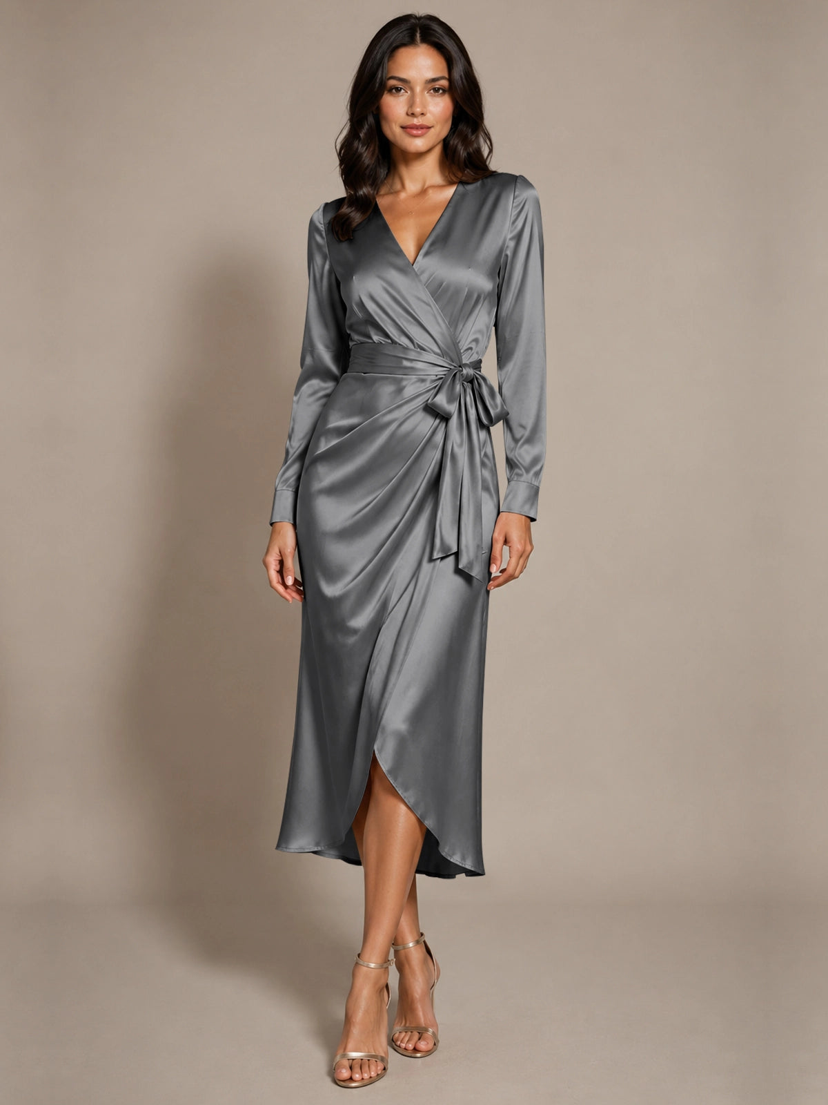 Silk-like Mother of the Bride Dress with Self-Tie Sash 