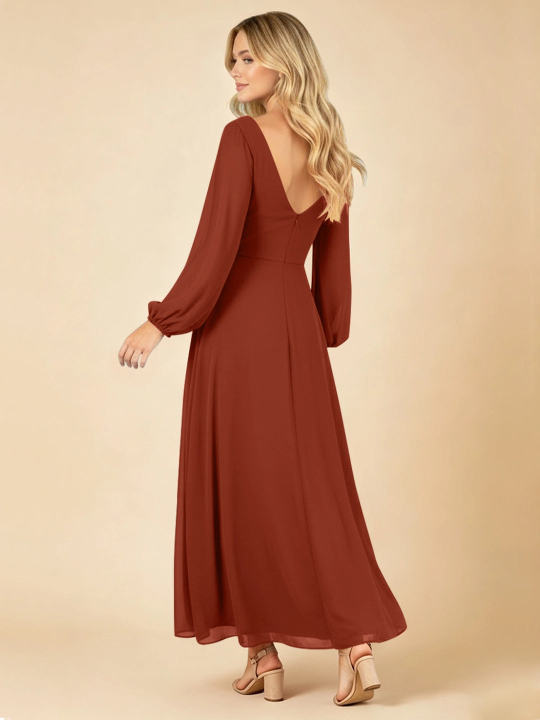 A-line Bridesmaid Dress with Long Sleeves #Rust Red