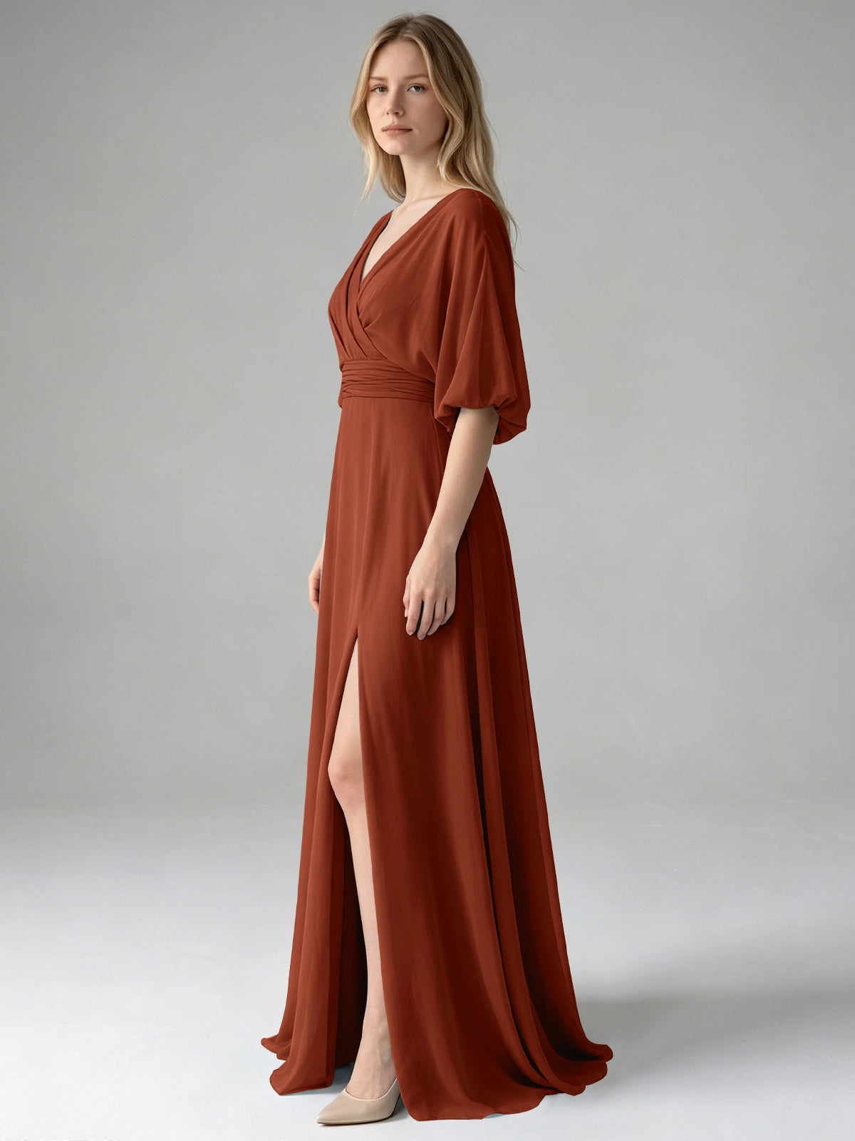 V-neck Slit Ruched Mother Dress 