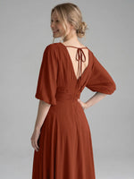 V-neck Slit Ruched Mother Dress 