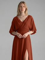 V-neck Slit Ruched Mother Dress 