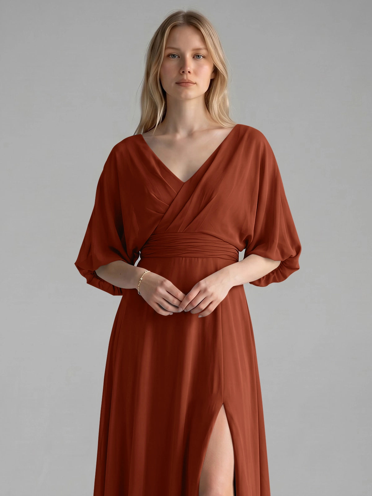 V-neck Slit Ruched Mother Dress 