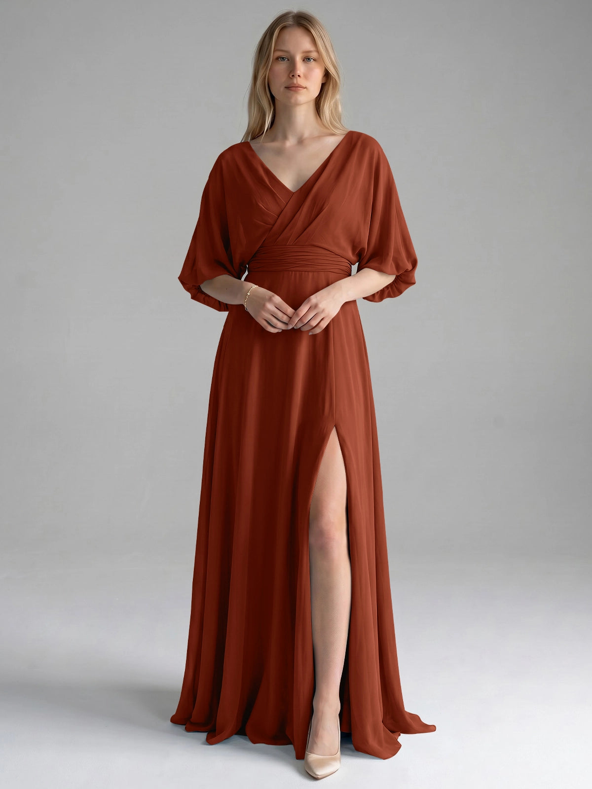 V-neck Slit Ruched Mother Dress 