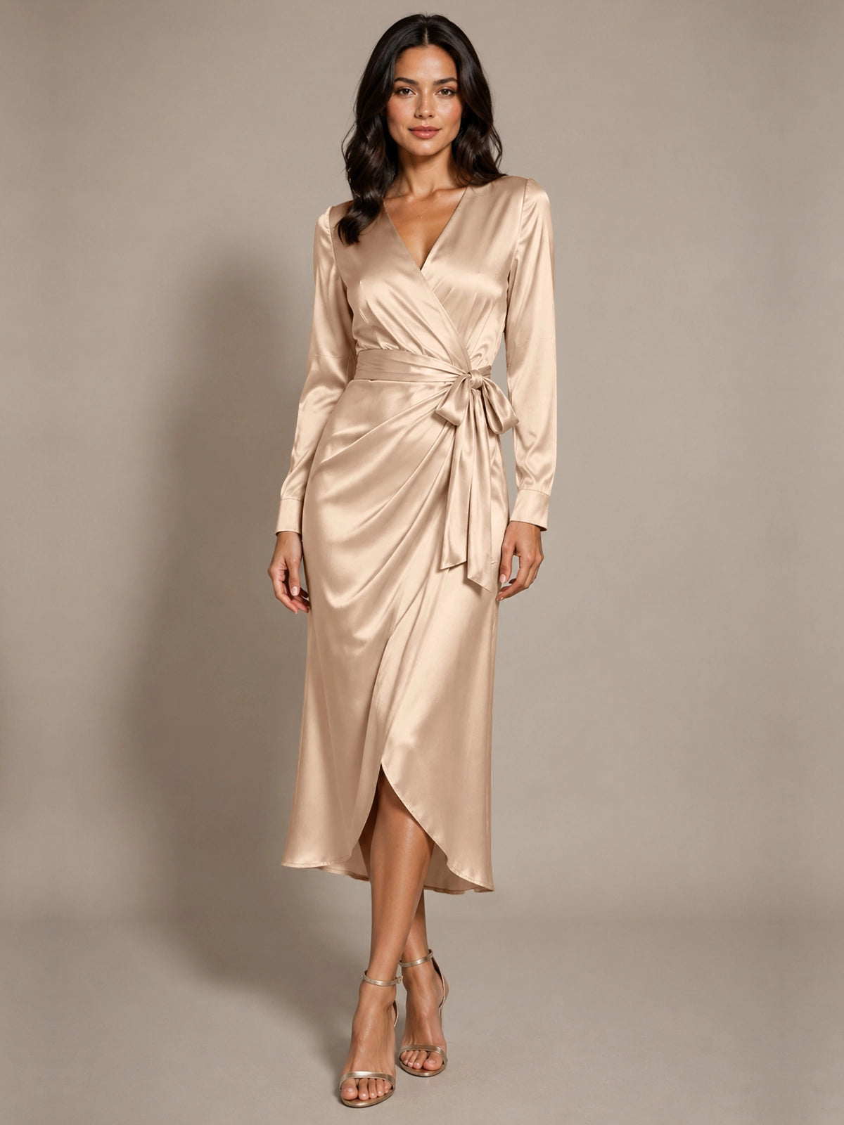 Silk-like Mother of the Bride Dress with Self-Tie Sash 