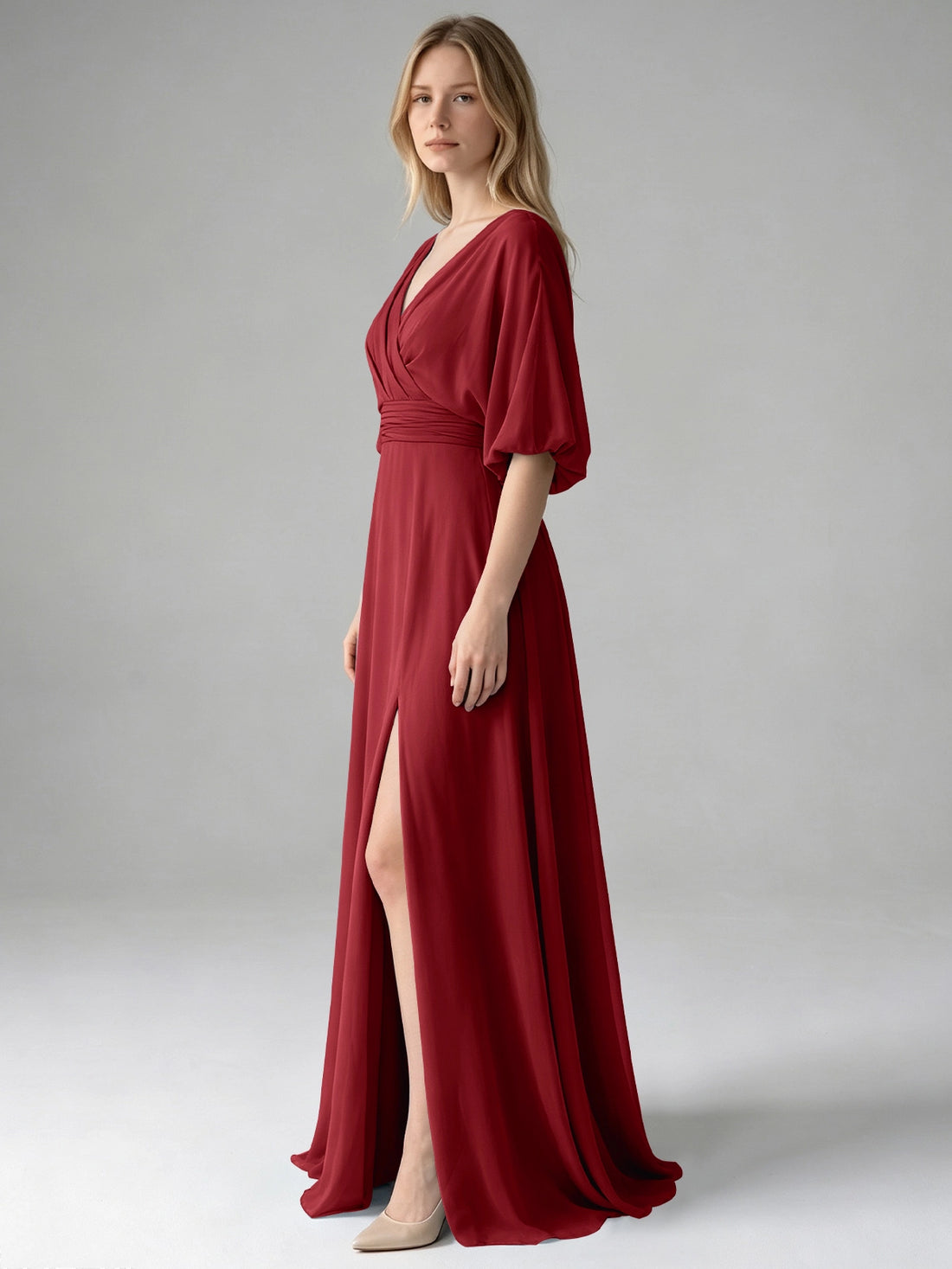 V-neck Slit Ruched Mother Dress 