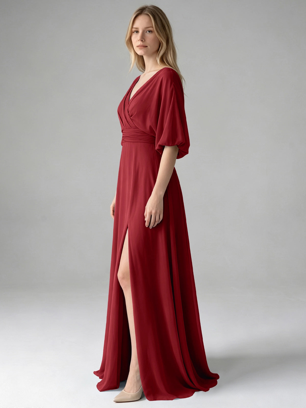 V-neck Slit Ruched Mother Dress 