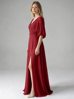 V-neck Slit Ruched Mother Dress 