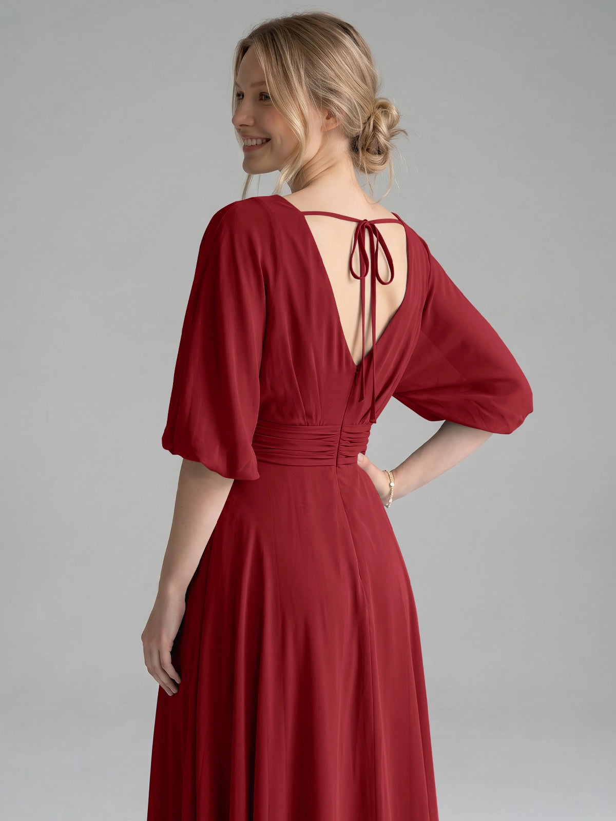 V-neck Slit Ruched Mother Dress 