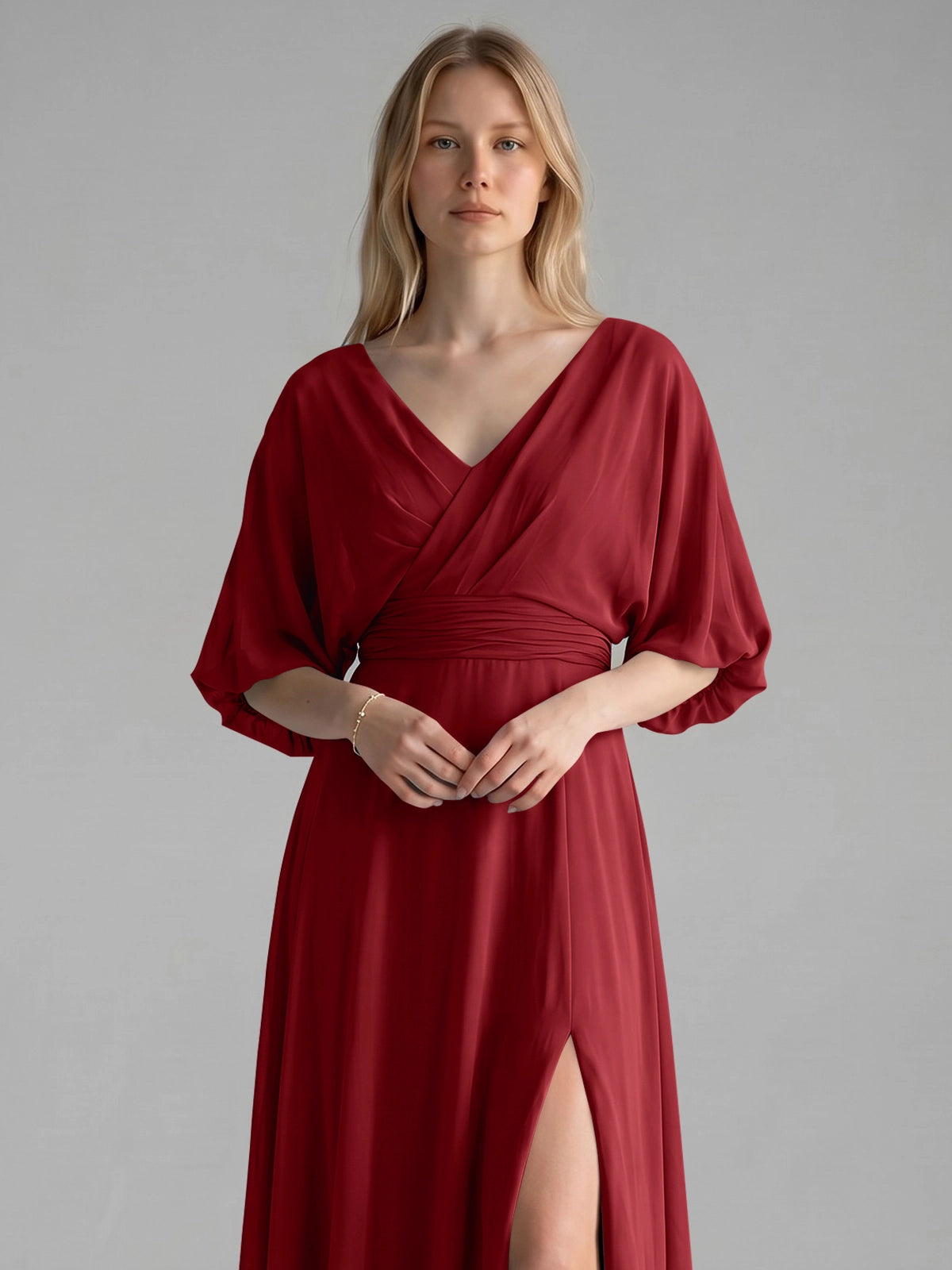 V-neck Slit Ruched Mother Dress 