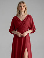 V-neck Slit Ruched Mother Dress 