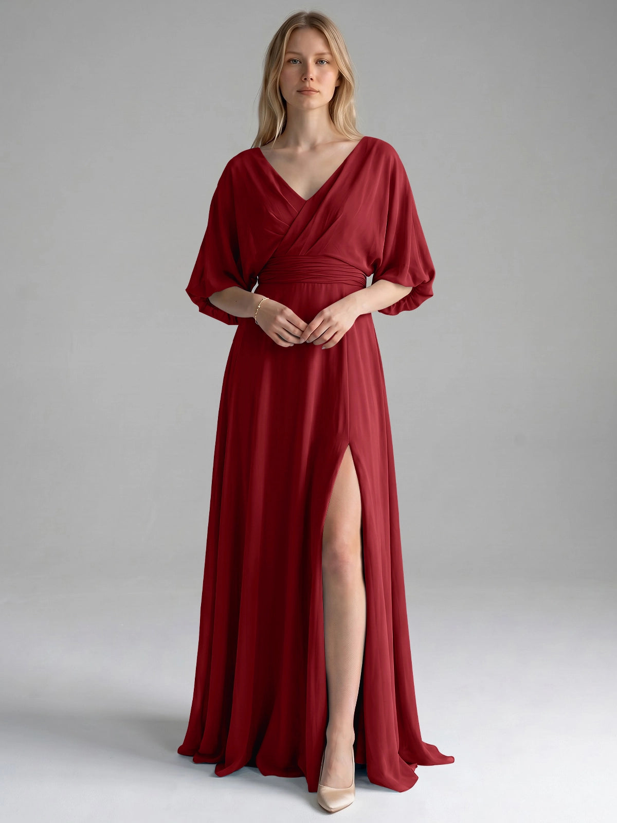 V-neck Slit Ruched Mother Dress 