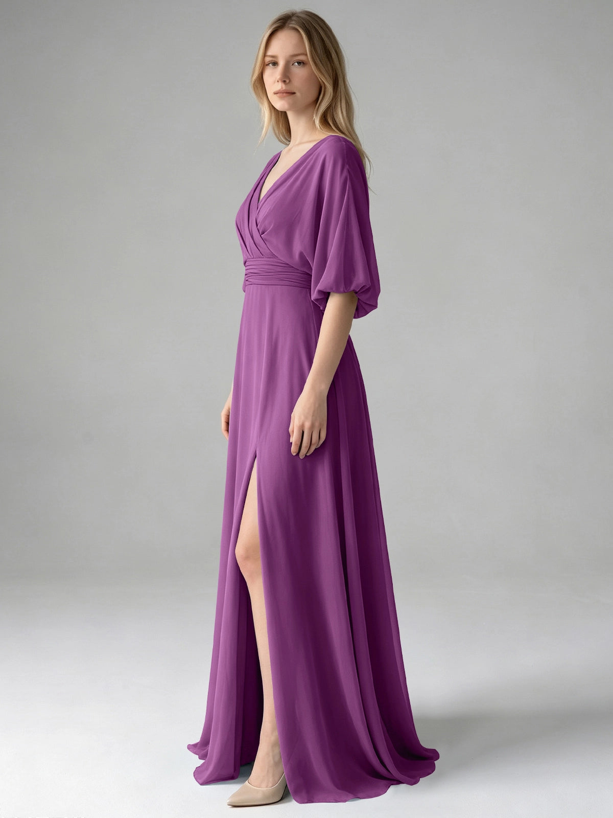 V-neck Slit Ruched Mother Dress 