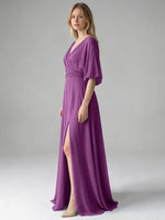 V-neck Slit Ruched Mother Dress 