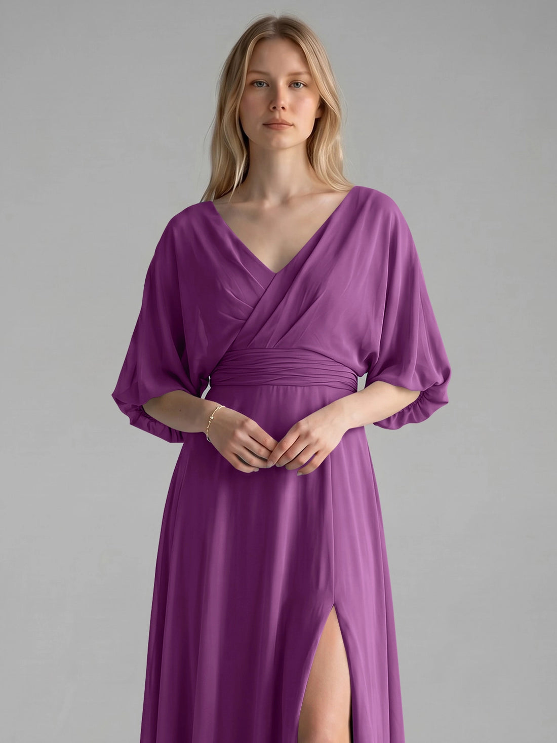 V-neck Slit Ruched Mother Dress 