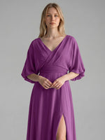 V-neck Slit Ruched Mother Dress 