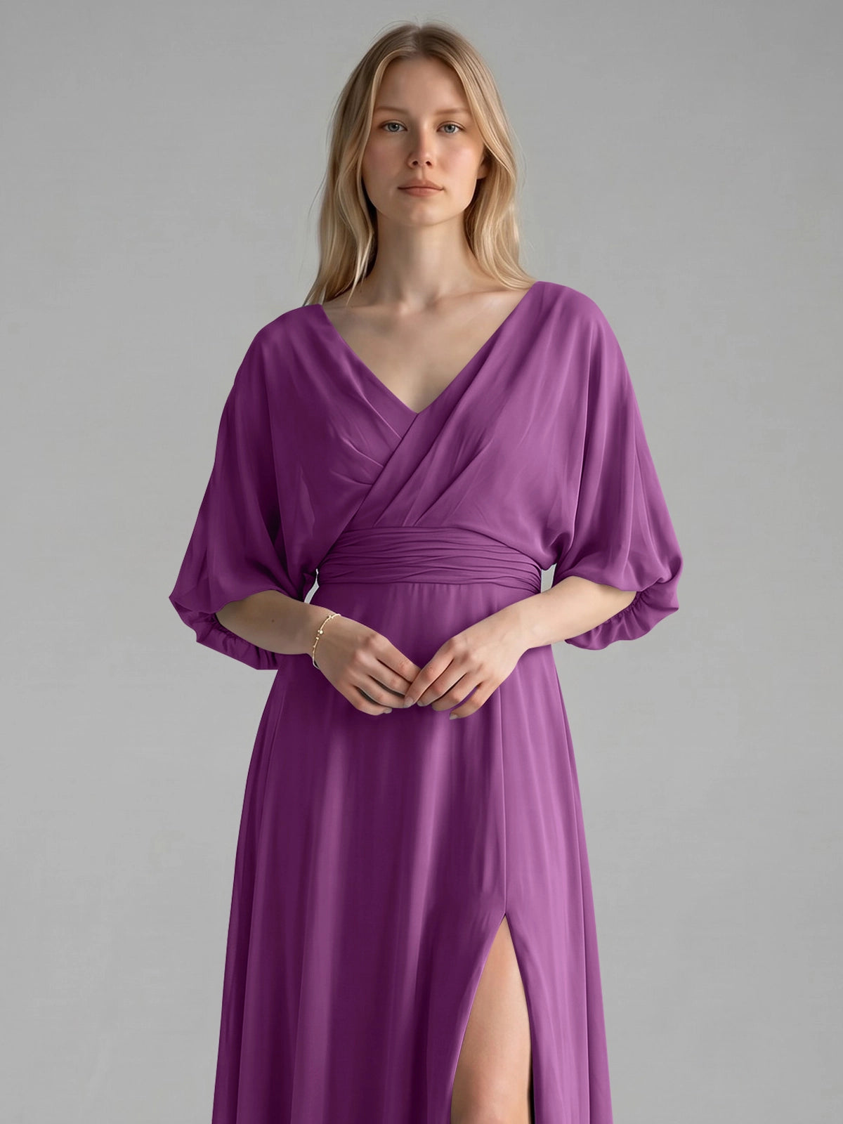 V-neck Slit Ruched Mother Dress 