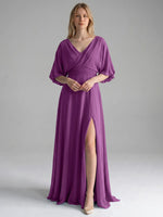 V-neck Slit Ruched Mother Dress 