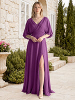 V-neck Slit Ruched Mother Dress 
