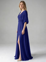 V-neck Slit Ruched Mother Dress 