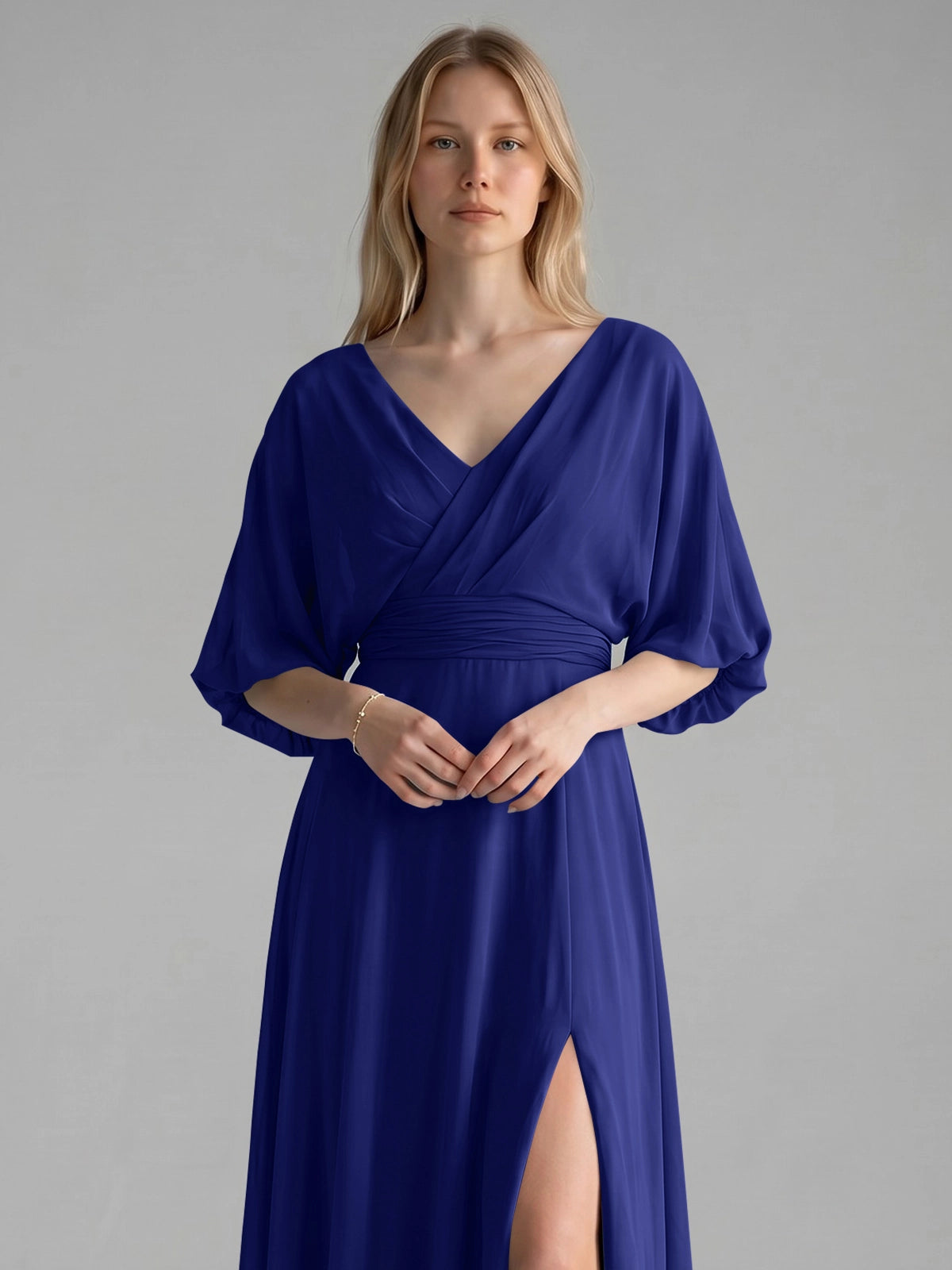 V-neck Slit Ruched Mother Dress 
