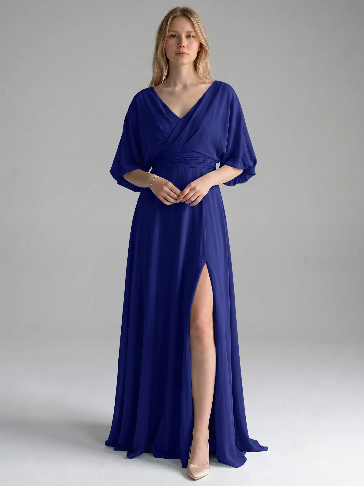 V-neck Slit Ruched Mother Dress 