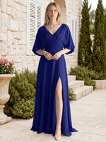 V-neck Slit Ruched Mother Dress 