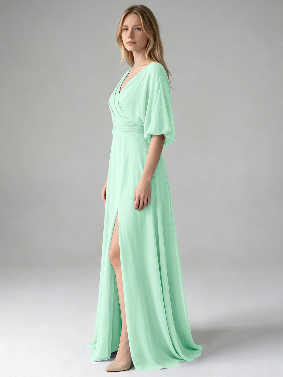 V-neck Slit Ruched Mother Dress 