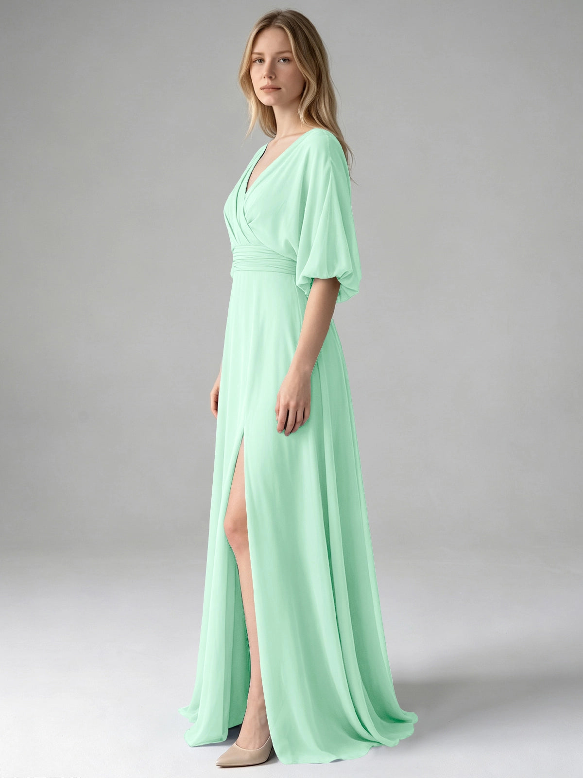 V-neck Slit Ruched Mother Dress 