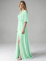 V-neck Slit Ruched Mother Dress 
