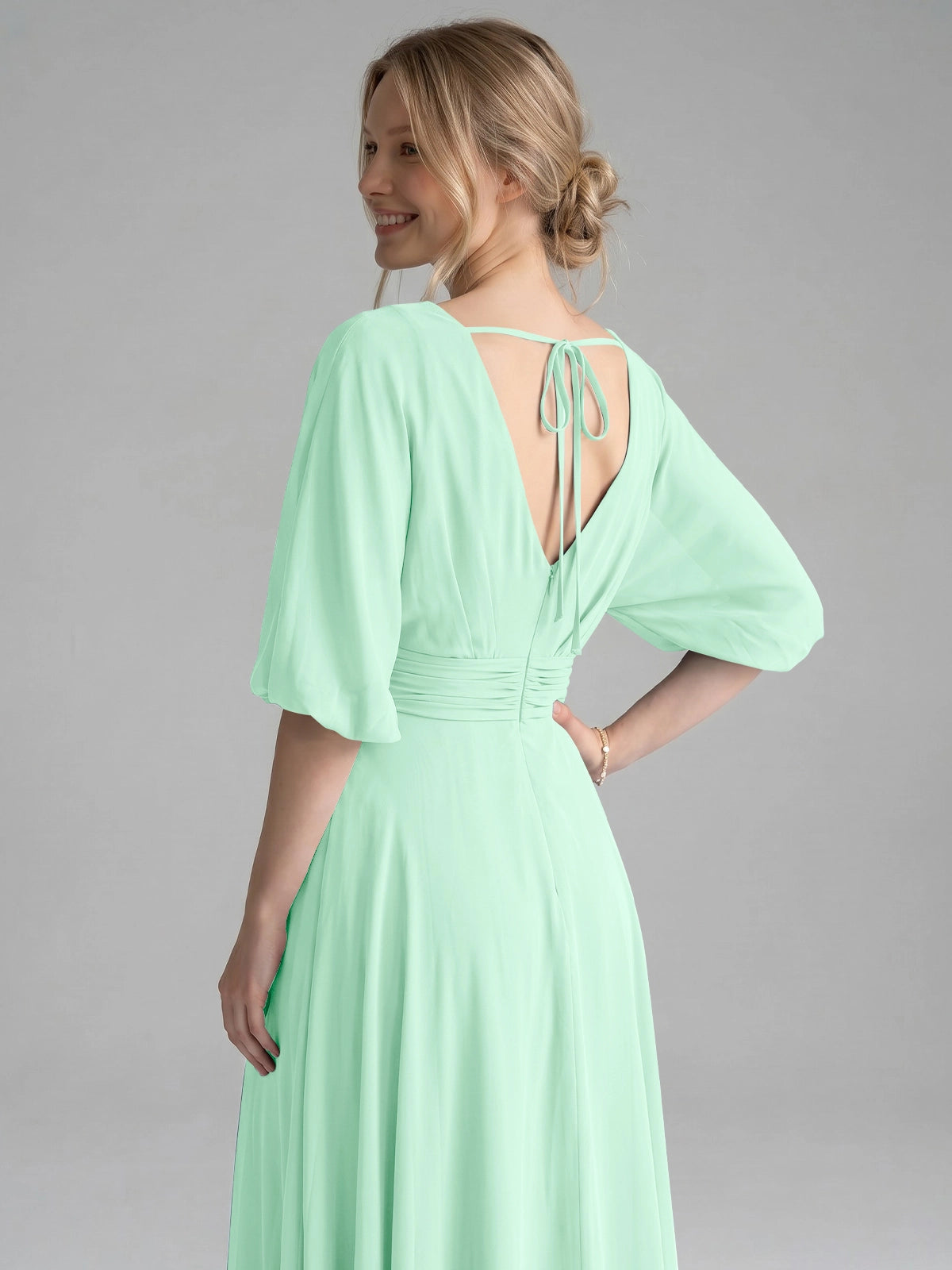 V-neck Slit Ruched Mother Dress 