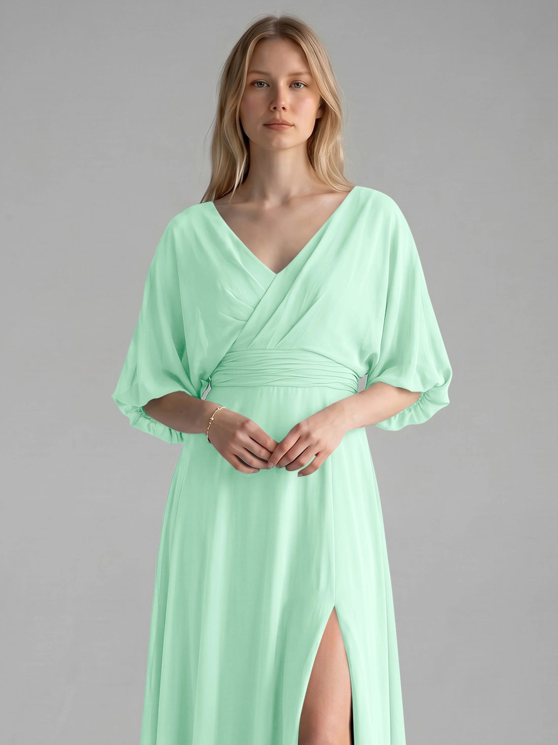V-neck Slit Ruched Mother Dress 