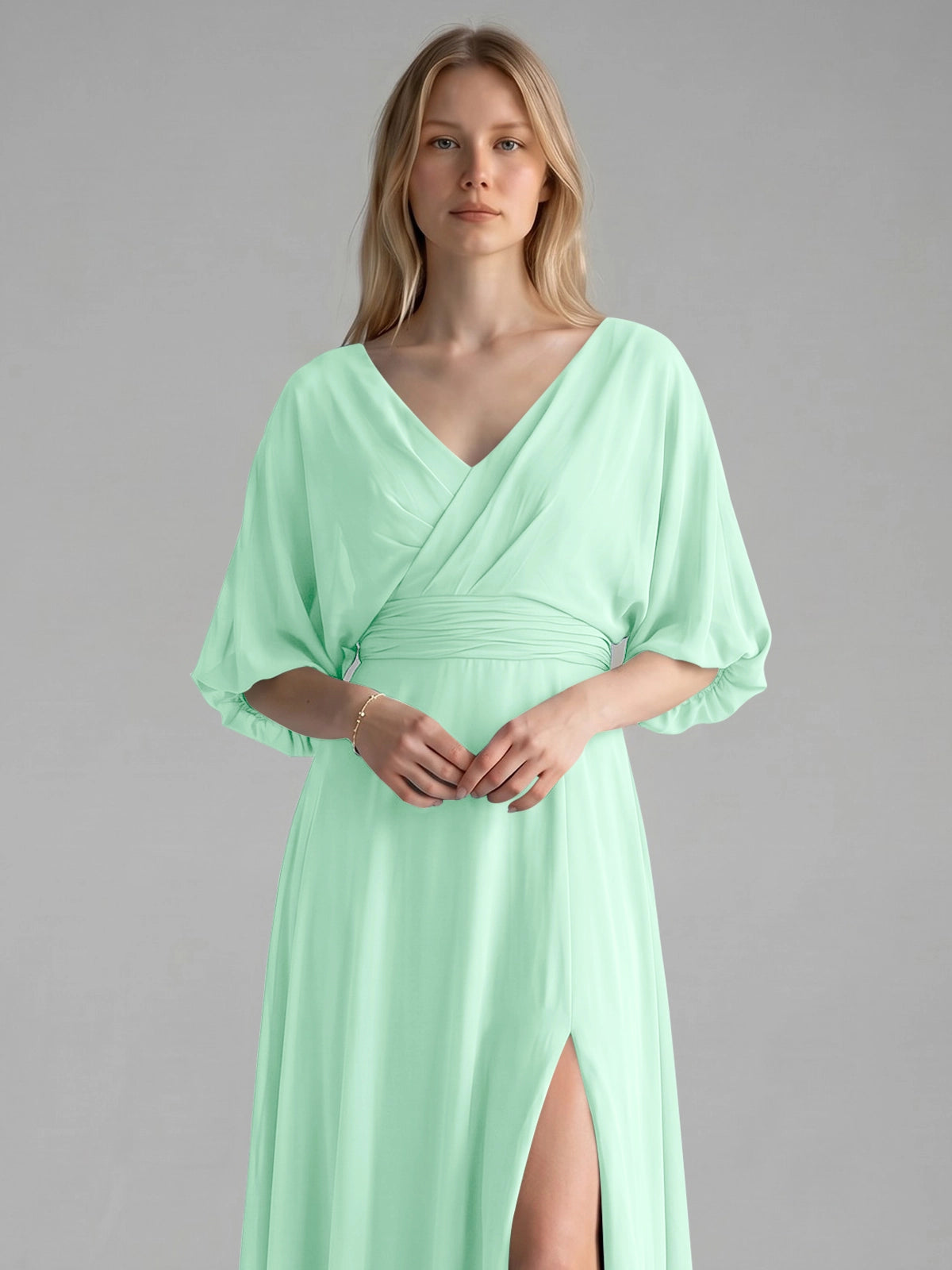 V-neck Slit Ruched Mother Dress 