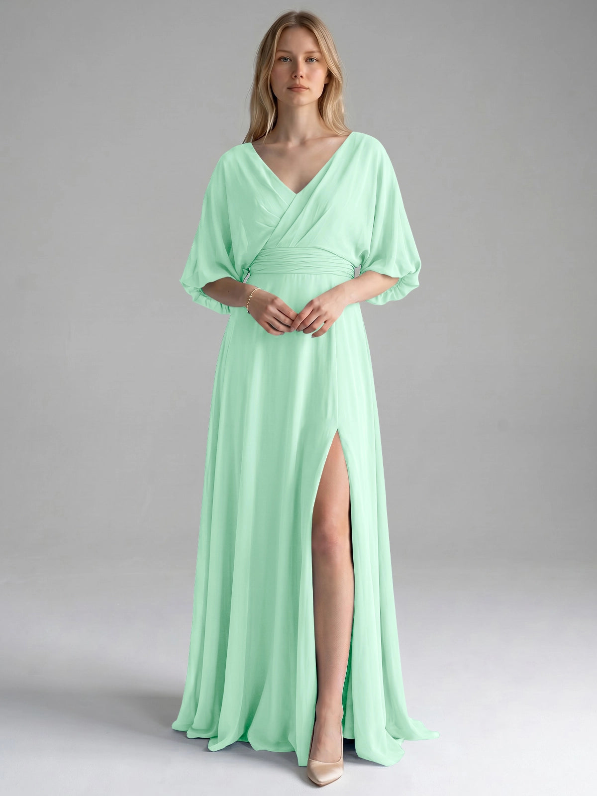 V-neck Slit Ruched Mother Dress 