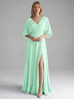 V-neck Slit Ruched Mother Dress 