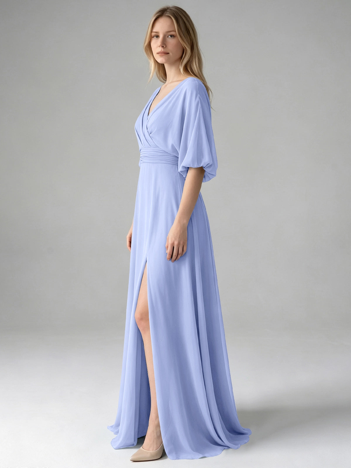 V-neck Slit Ruched Mother Dress 