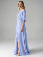 V-neck Slit Ruched Mother Dress 
