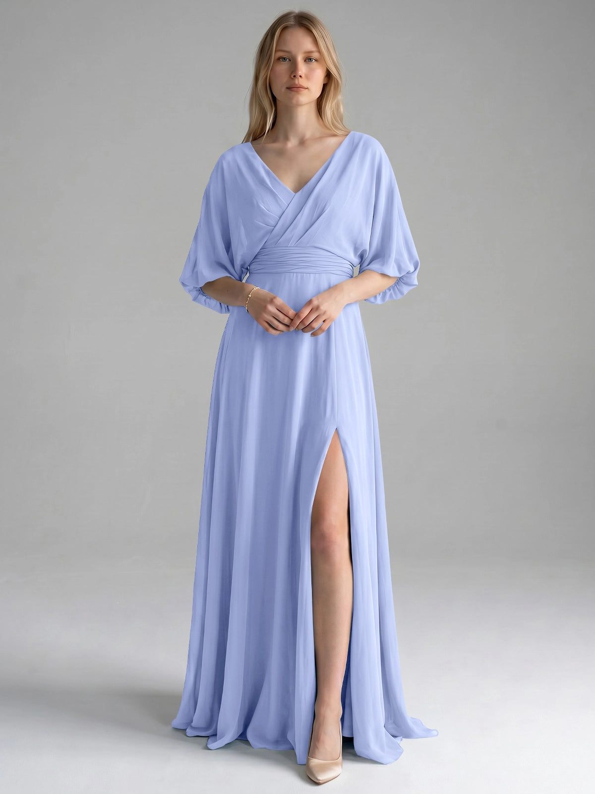 V-neck Slit Ruched Mother Dress 