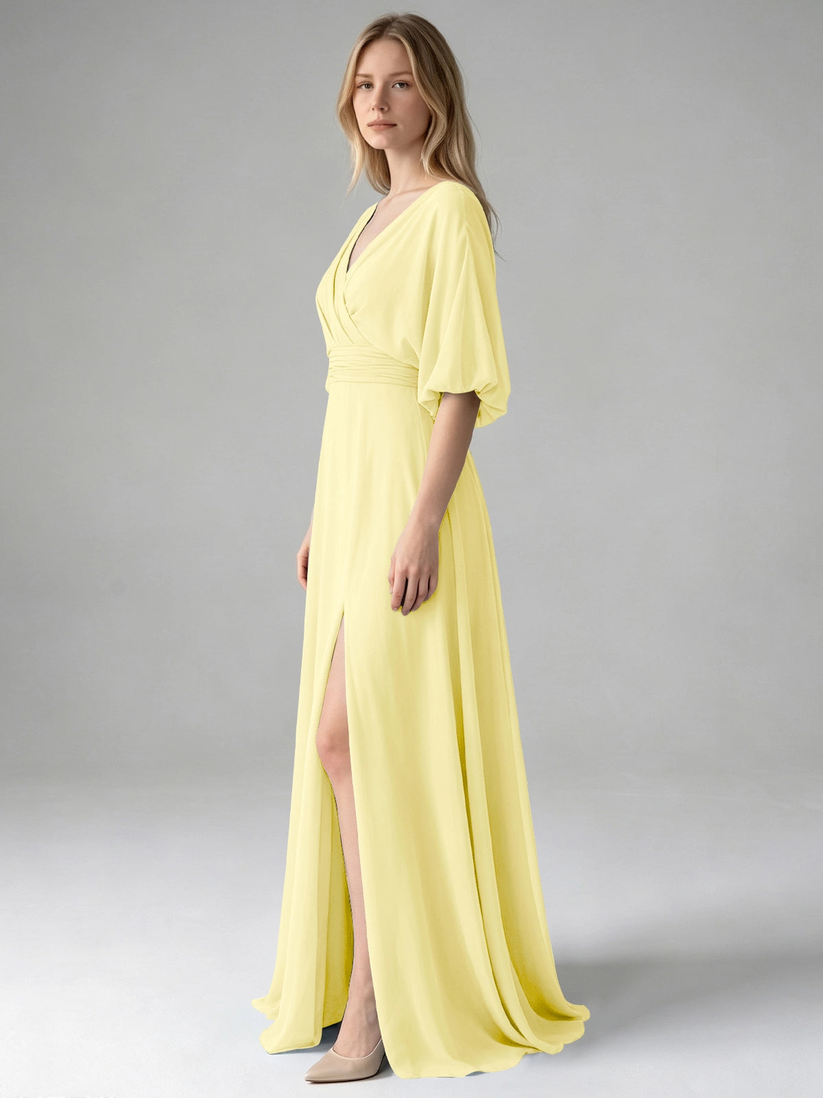 V-neck Slit Ruched Mother Dress 