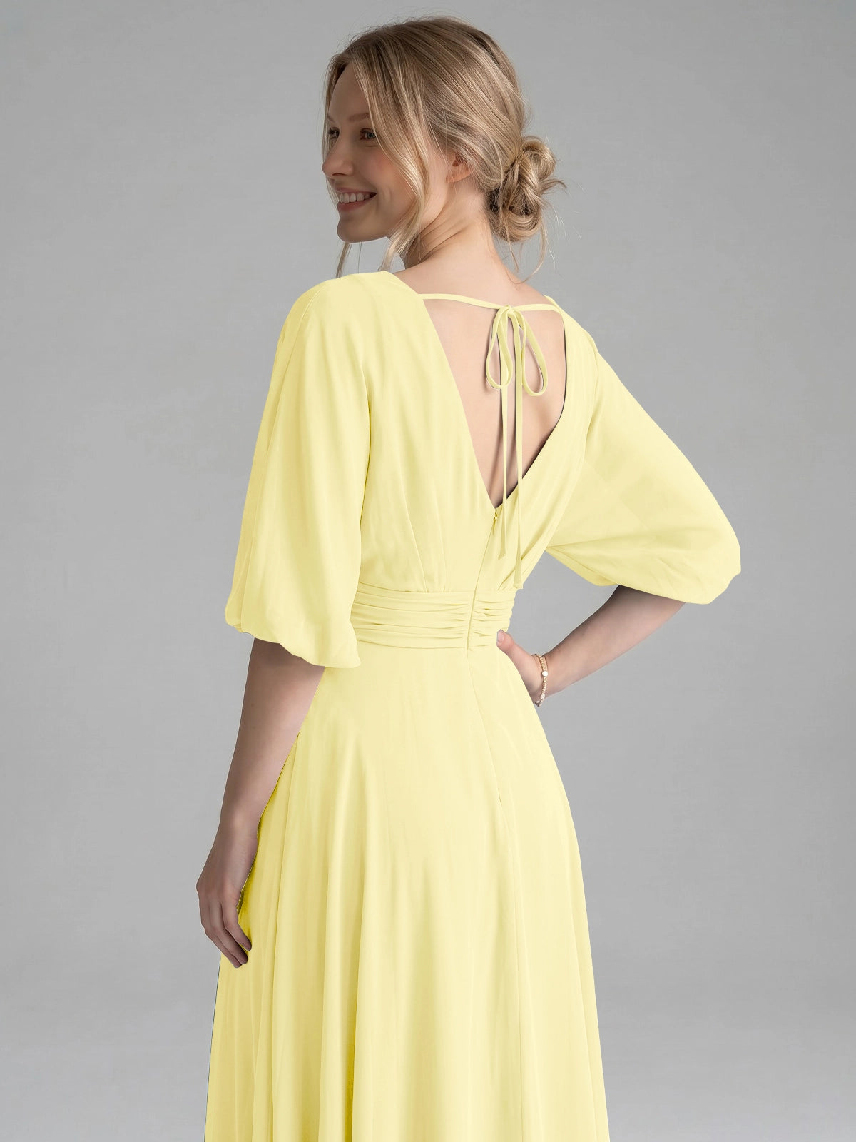 V-neck Slit Ruched Mother Dress 