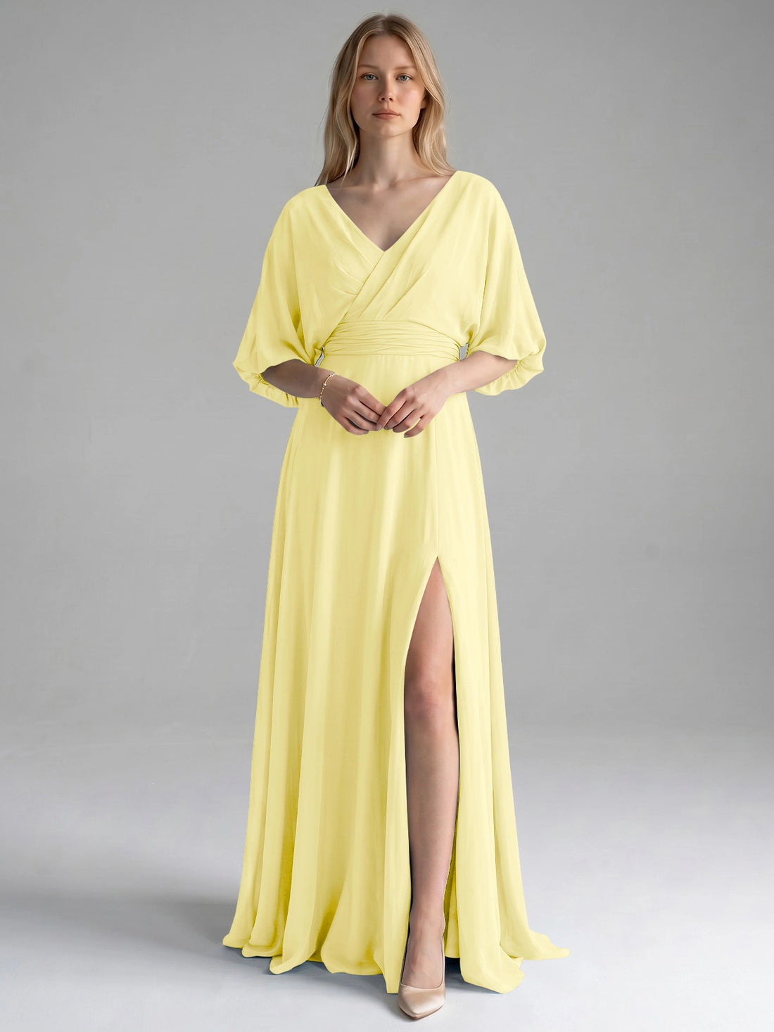 V-neck Slit Ruched Mother Dress 