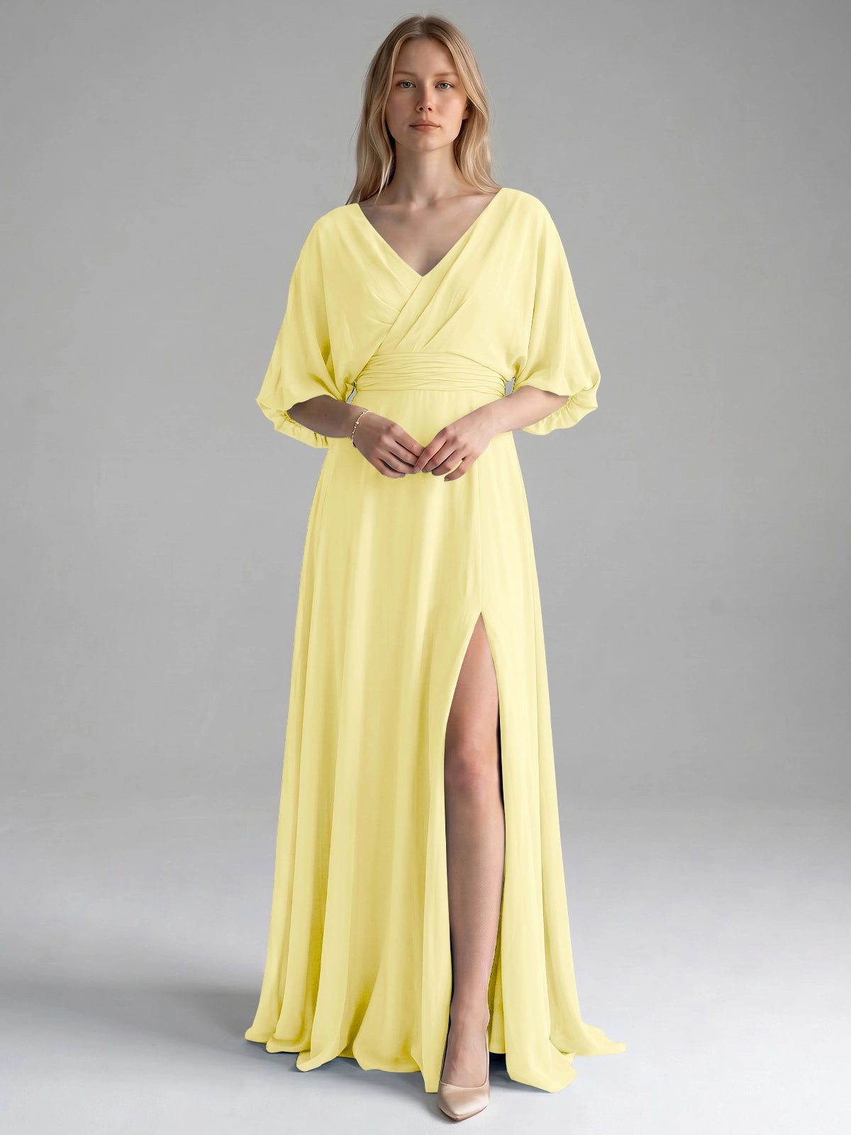 V-neck Slit Ruched Mother Dress 
