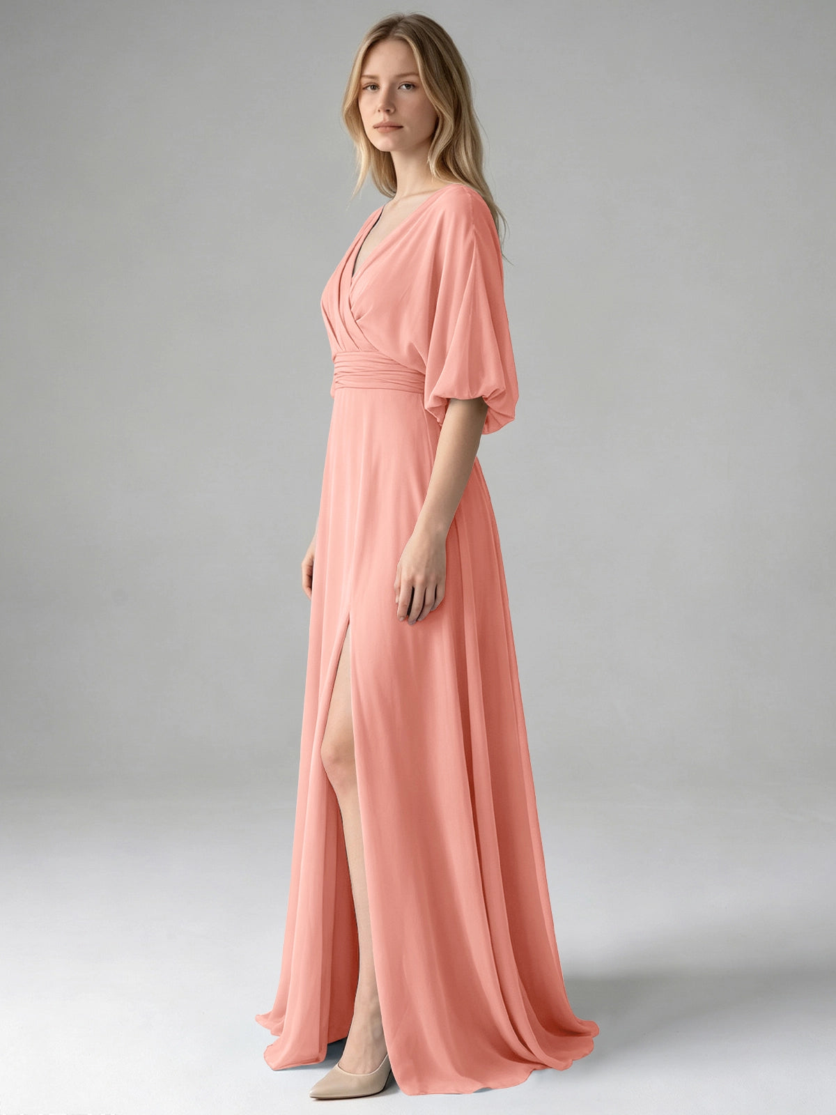 V-neck Slit Ruched Mother Dress 